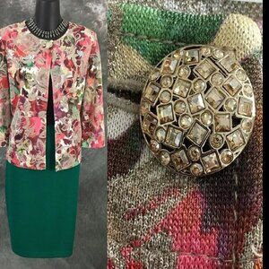 BEAUTIFUL St John knit green pink gold multi jacket skirt suit size 4 6